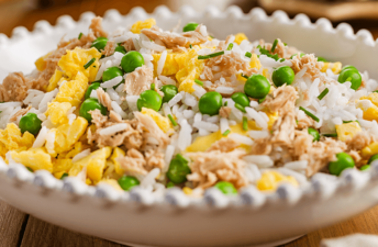 Arroz de atum com ervilhas e ovo da cigala