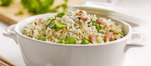 Arroz de favas com bacon limão e hortelã