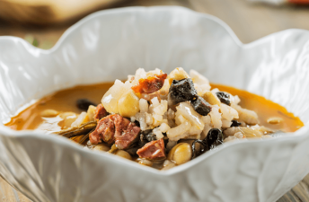 Sopa de arroz com grão e enchidos