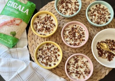 Arroz doce com leite condensado e crocante de canela